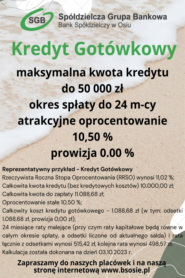 Bank Spółdzielczy w Osiu oferuje atrakcyjny Kredyt Gotówkowy!